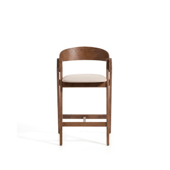 Tabouret Godia en chenille beige et placage chêne avec finition