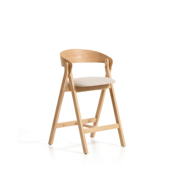 Tabouret Godia en chenille beige et placage chêne avec finition