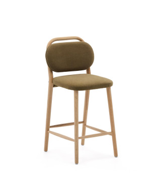 Tabouret Helda en chenille verte et chêne massif FSC Mix Credit 65 cm