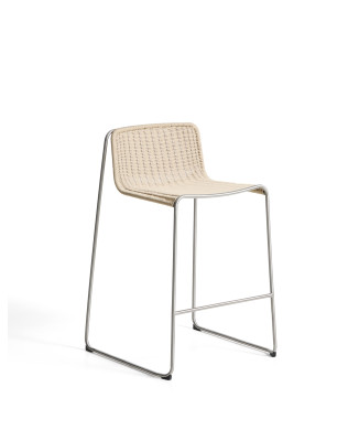 Tabouret empilable Tavari en corde synthétique beige et acier inoxydable AISI 304 brossé, 75 cm