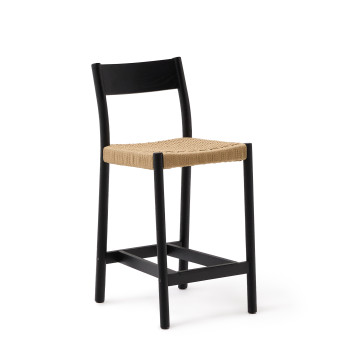 Tabouret Yalia avec dossier en chêne massif finition noire et assise en corde 100% FSC de 65 cm