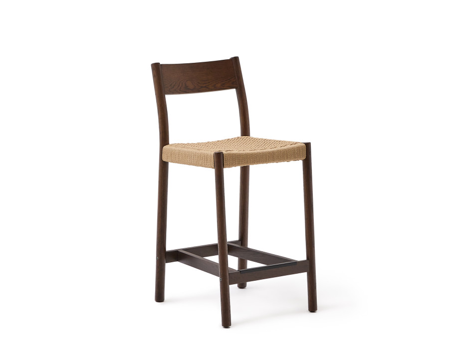 Tabouret Yalia avec dossier en chêne massif finition noyer et assise en corde 100% FSC de 65 cm