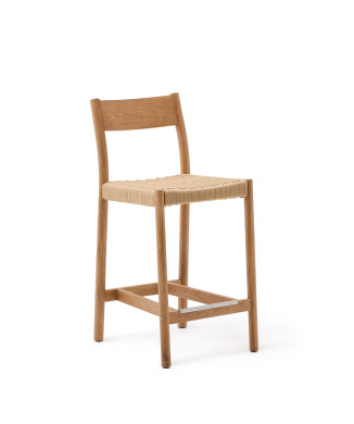 Tabouret Yalia avec dossier en bois de chêne massif avec finition 100% naturelle FSC et assise en corde, 65 cm