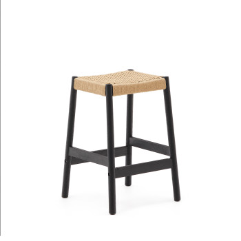Tabouret Yalia en bois de chêne massif finition noire et corde, hauteur 65 cm FSC 100%