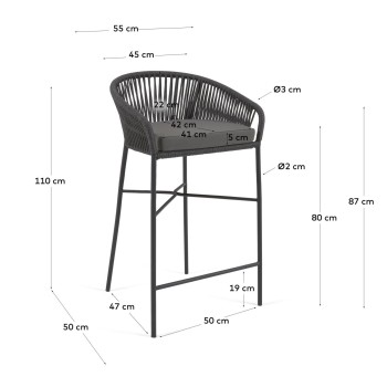 Tabouret Yanet en corde noire, hauteur 80 cm