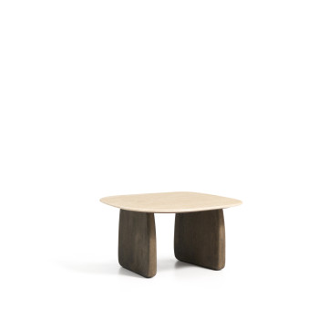 Table basse Pirita en travertin beige et pieds en chêne massif avec finition