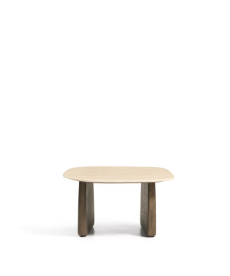 Table basse Pirita en travertin beige et pieds en chêne massif avec finition