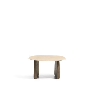 Table basse Pirita en travertin beige et pieds en chêne massif avec finition