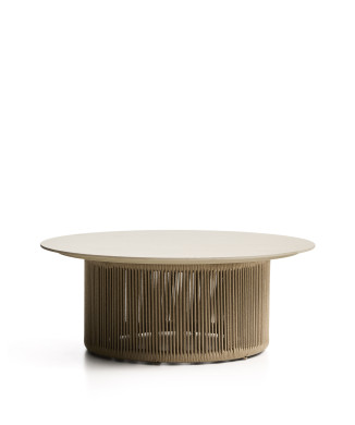 Table basse d'extérieur Orosei en pierre frittée, aluminium écru et corde beige, Ø 90 cm