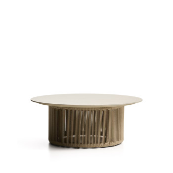 Table basse d'extérieur Orosei en pierre frittée, aluminium écru et corde beige, Ø 90 cm