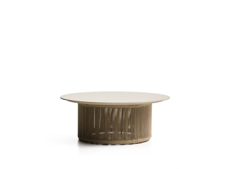 Table basse d'extérieur Orosei en pierre frittée, aluminium écru et corde beige, Ø 90 cm