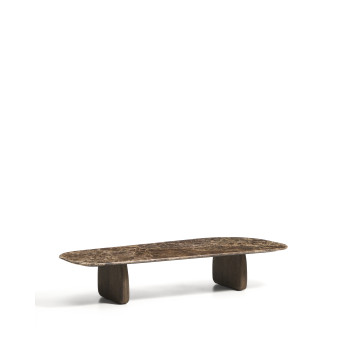 Table basse Pirita en marbre brun et pieds en chêne massif avec finition