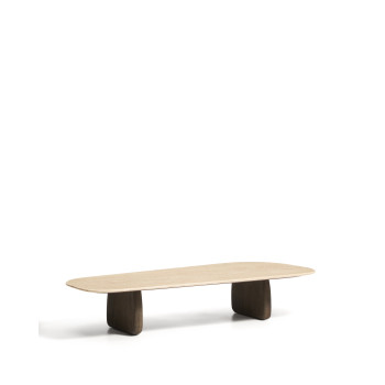 Table basse Pirita en travertin beige et pieds en chêne massif avec finition
