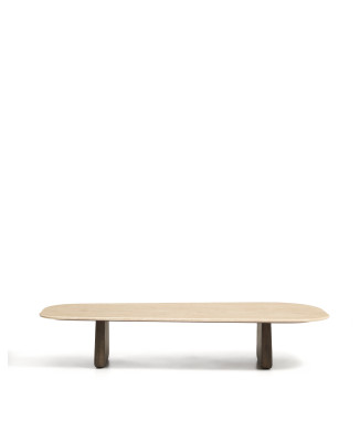 Table basse Pirita en travertin beige et pieds en chêne massif avec finition