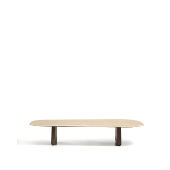 Table basse Pirita en travertin beige et pieds en chêne massif avec finition