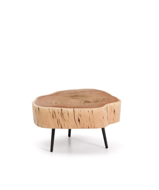 Table basse Tavine en bois d'acacia massif avec finition blanchie et pieds en acier noir Ø49 cm