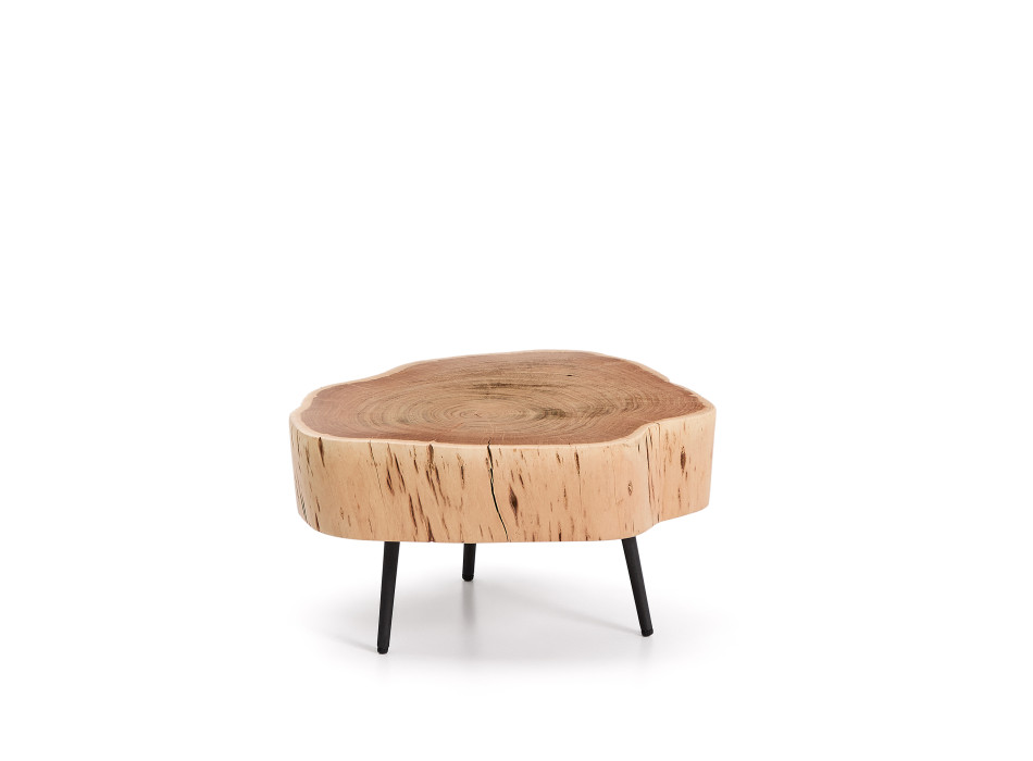 Table basse Tavine en bois d'acacia massif avec finition blanchie et pieds en acier noir Ø49 cm