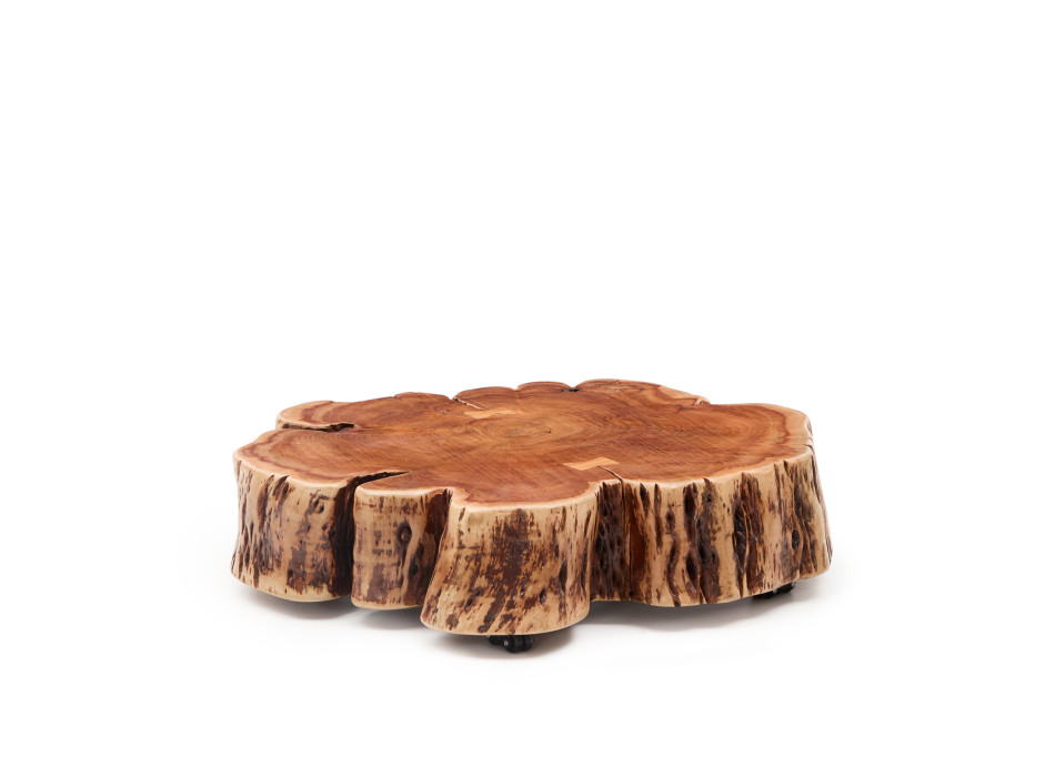 Table basse Tavine en bois d'acacia blanchi massif avec roulettes Ø85 cm