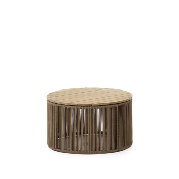 Table basse Dandara en acier, corde beige et pieds en bois d'acacia massif Ø70 cm FSC 100%