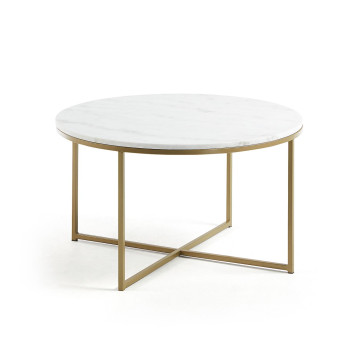Table basse Sheffield en marbre blanc et pieds en acier finition dorée, Ø 80 cm