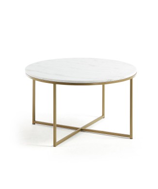 Table basse Sheffield en marbre blanc et pieds en acier finition dorée, Ø 80 cm
