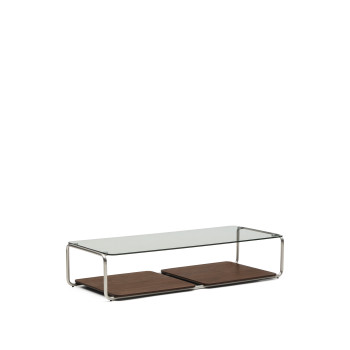 Table basse Tarsel en verre trempé et plateau en placage de noyer avec structure en acier inoxydable brossé 140 x 60 cm