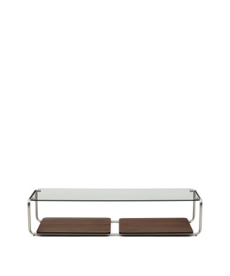 Table basse Tarsel en verre trempé et plateau en placage de noyer avec structure en acier inoxydable brossé 140 x 60 cm