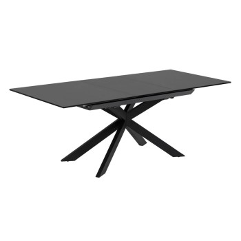 Table extensible Atminda en verre et pieds en acier, finition noire, 160 (210) x 90 cm