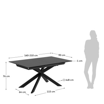Table extensible Atminda en verre et pieds en acier, finition noire, 160 (210) x 90 cm