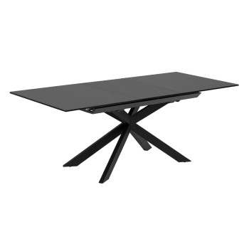 Table extensible Atminda en verre et pieds en acier, finition noire, 160 (210) x 90 cm
