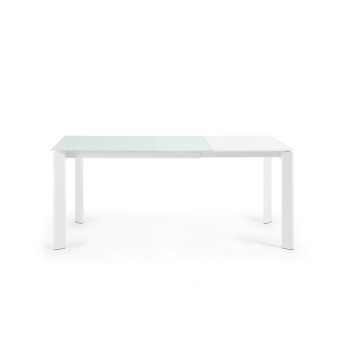 Table extensible Axis en verre blanc et pieds en acier finition blanche 120 (180) cm