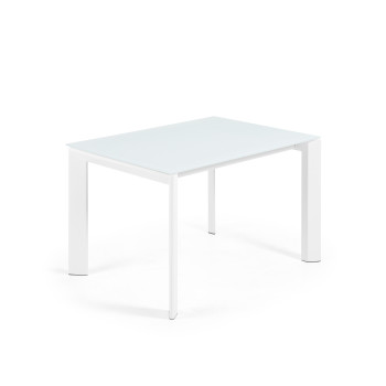 Table extensible Axis en verre blanc et pieds en acier finition blanche 120 (180) cm