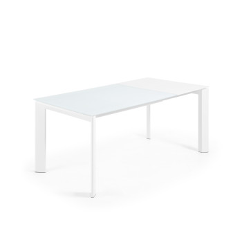 Table extensible Axis en verre blanc et pieds en acier finition blanche 120 (180) cm