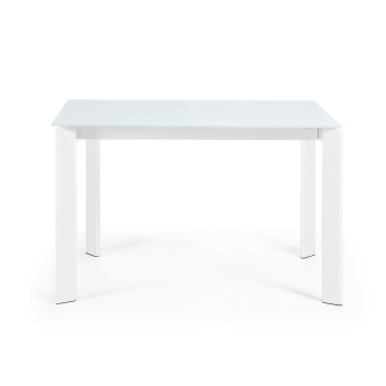 Table extensible Axis en verre blanc et pieds en acier finition blanche 120 (180) cm