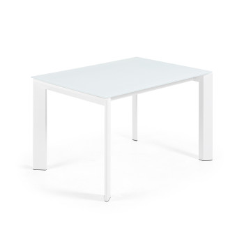 Table extensible Axis en verre blanc et pieds en acier finition blanche 120 (180) cm