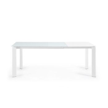 Table extensible Axis en verre blanc et pieds en acier finition blanche 140 (200) cm