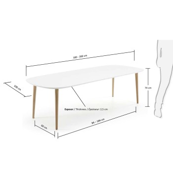 Table extensible Oqui, MDF laqué blanc, 100 pieds naturels, laqué blanc