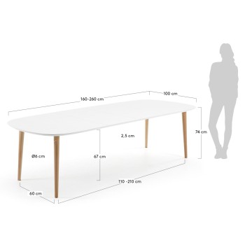 Table extensible Oqui, MDF laqué blanc, 100 pieds naturels, laqué blanc