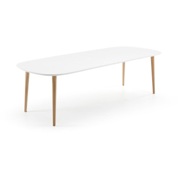 Table extensible Oqui, MDF laqué blanc, pieds en hêtre massif, 160(260)x 100cm