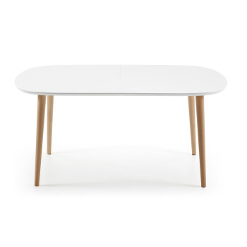 Table extensible Oqui, MDF laqué blanc, pieds en hêtre massif, 160(260)x 100cm