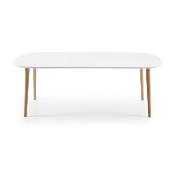 Table extensible Oqui, MDF laqué blanc, pieds en hêtre massif, 160(260)x 100cm