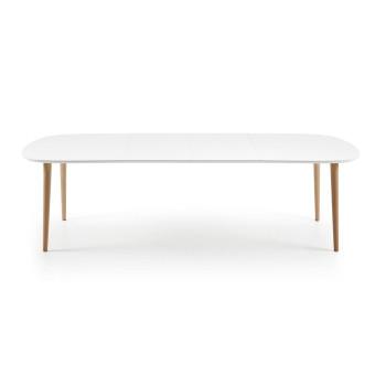 Table extensible Oqui, MDF laqué blanc, pieds en hêtre massif, 160(260)x 100cm