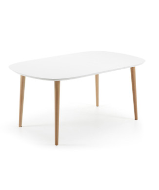 Table extensible Oqui, MDF laqué blanc, pieds en hêtre massif, 160(260)x 100cm