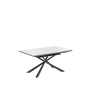 Table extensible Theone en porcelaine blanche avec pieds en acier finition noire, 160 (210) x 90 cm