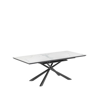 Table extensible Theone en porcelaine blanche avec pieds en acier finition noire, 160 (210) x 90 cm