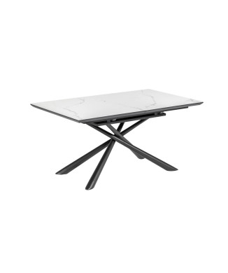 Table extensible Theone en porcelaine blanche avec pieds en acier finition noire, 160 (210) x 90 cm