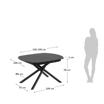 Table extensible Yodalia en verre et pieds en acier, finition noire, 130 (190) x 100 cm