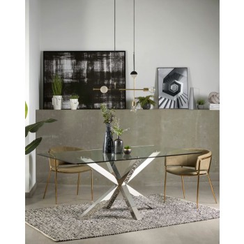 Table en verre Argo avec pieds en acier inoxydable, 160 cm