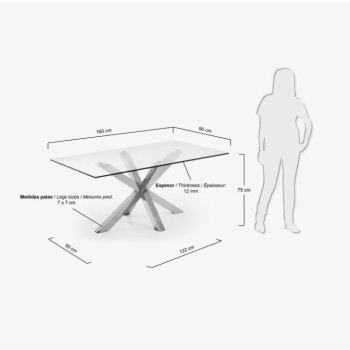Table en verre Argo avec pieds en acier inoxydable, 160 cm