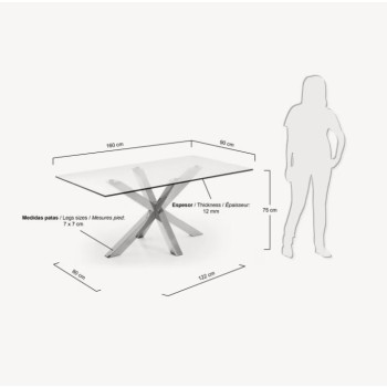 Table Argo en verre et pieds inox 160 cm